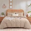 NEXHOME PRO Tan Gingham Duvet Cover King, 100% Washed Cotton Like Linen Feel Organic Natural Bedding Set 3 Piece Brown Vintage Plaid Checkered Comforter Cover Set (No Comforter) 10490