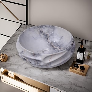 nexis designer glossy finish ceramic art wash basin vessel sink table top  collapsible white grey marble art 16 x 13 x 6 inch