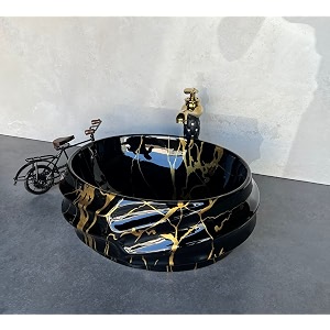 nexis designer glossy finish ceramic art wash basin vessel sink table top  collapsible wash basin black-golden art wash basin 16 x 13 x 6 inch