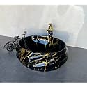 NEXIS Designer Glossy Finish Ceramic Art Wash Basin Vessel Sink Table Top | Collapsible Wash Basin (Black-Golden Art Wash Basin, 16 x 13 x 6 Inch)