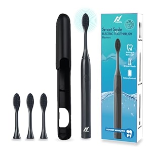 nexlev smart smile sonic electric toothbrush-humm for adult  aaa battery included  day and night mode  30000 vibrationsminute  super soft bristles  midnight black  4 replaceable brushheads