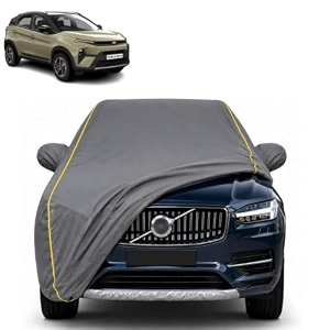 nexon 100 waterproof car cover  dustproof sun protection cover  soft cotton lining  triple stitched  mirror pocket  antenna pocket  all weather body cover grey with yellow piping
