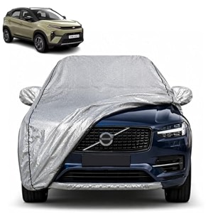 nexon 100 waterproof car cover  dustproof sun protection cover  soft cotton lining  triple stitched  mirror pocket  antenna pocket  all weather body cover silver with yellow piping