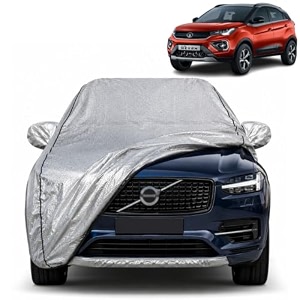 nexon ev 100 waterproof car cover  dustproof sun protection cover  soft cotton lining  triple stitched  mirror pocket  antenna pocket  all weather body cover silver with yellow piping