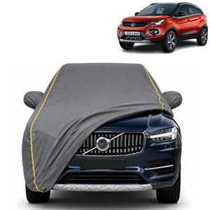 nexon ev 100 waterproof car cover  dustproof sun protection cover  soft cotton lining  triple stitched  mirror pocket  antenna pocket  all weather body cover grey with yellow piping