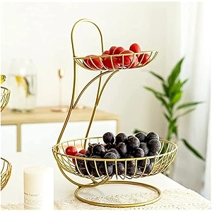 stainless steel 2 -tier countertop fruit amp vegetable basket and organizer for dining tablekitchen gold 2 kilogram 32 x 32 x 32 cm
