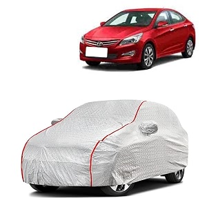 car bady cover waterproof compatible with hyundai fluidic verna triple stitched fully elastic ultra mirror pocket  heavy buckle  silver amp red piping silver amp red