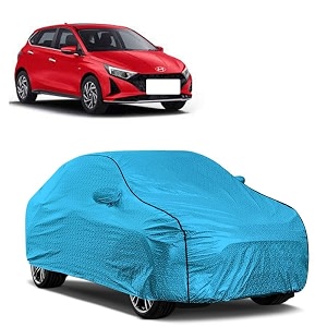 car bady cover waterproof compatible with hyundai elite i20 triple stitched fully elastic ultra mirror pocket  heavy buckle  mtl blue amp black piping blue amp black