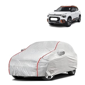 car bady cover waterproof compatible with citroen c3 aircross triple stitched fully elastic ultra mirror pocket  heavy buckle  silver amp red piping silver amp red
