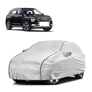 car bady cover waterproof compatible with hyundai creta 2020 triple stitched fully elastic ultra mirror pocket  heavy buckle  silver amp black piping silver amp black