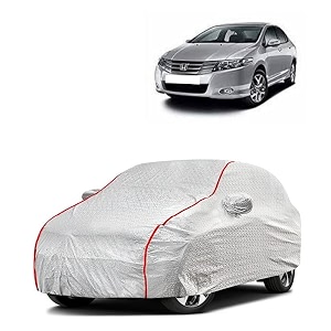 car bady cover waterproof compatible with honda old city triple stitched fully elastic ultra mirror pocket  heavy buckle  silver amp red piping silver amp red