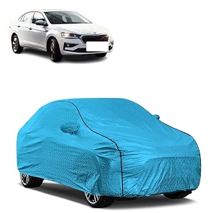 car bady cover waterproof compatible with skoda slavia triple stitched fully elastic ultra mirror pocket  heavy buckle  mtl blue amp black piping blue amp black