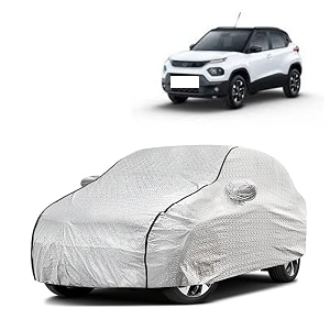 car bady cover waterproof compatible with tata punch triple stitched fully elastic ultra mirror pocket  heavy buckle  silver amp black piping silver amp black