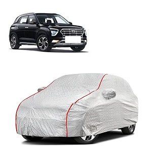car bady cover waterproof compatible with hyundai creta 2020 triple stitched fully elastic ultra mirror pocket  heavy buckle  silver amp red piping silver amp red