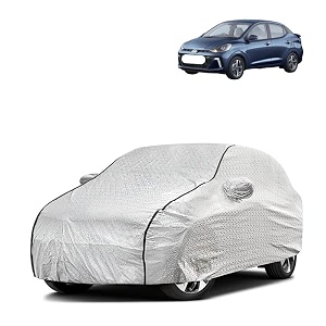 car bady cover waterproof compatible with hyundai aura triple stitched fully elastic ultra mirror pocket  heavy buckle  silver amp black piping silver amp black