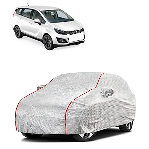 car bady cover waterproof compatible with mahindra new thar triple stitched fully elastic ultra mirror pocket  heavy buckle  silver amp red piping silver amp red