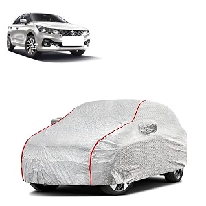 car bady cover waterproof compatible with maruti new baleno triple stitched fully elastic ultra mirror pocket  heavy buckle  silver amp red piping silver amp red
