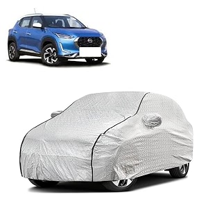 car bady cover waterproof compatible with nissan magnite triple stitched fully elastic ultra mirror pocket  heavy buckle  silver amp black piping silver amp black