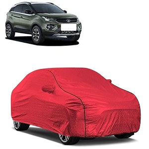 car bady cover waterproof compatible with tata nexon triple stitched fully elastic ultra mirror pocket  heavy buckle  mth red amp black piping red amp black