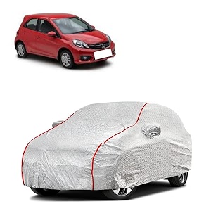 car bady cover waterproof compatible with honda brio triple stitched fully elastic ultra mirror pocket  heavy buckle  silver amp red piping silver amp red