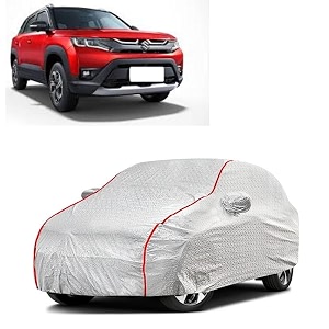 car bady cover waterproof compatible with maruti brezza 2023 triple stitched fully elastic ultra mirror pocket  heavy buckle  silver amp red piping silver amp red