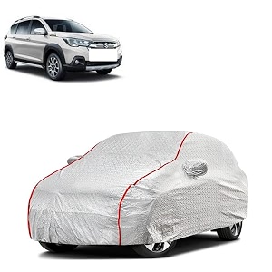 car bady cover waterproof compatible with maruti xl6 triple stitched fully elastic ultra mirror pocket  heavy buckle  silver amp red piping silver amp red