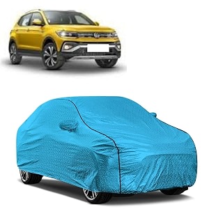 car bady cover waterproof compatible with volkswagen taigun triple stitched fully elastic ultra mirror pocket  heavy buckle  mtl blue amp black piping blue amp black