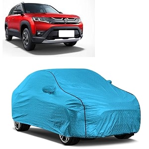 car bady cover waterproof compatible with maruti brezza 2023 triple stitched fully elastic ultra mirror pocket  heavy buckle  mtl blue amp black piping blue amp black