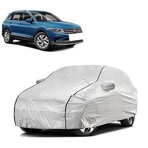 car bady cover waterproof compatible with volkswagen tiguan triple stitched fully elastic ultra mirror pocket  heavy buckle  silver amp black piping silver amp black