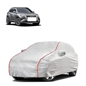 car bady cover waterproof compatible with hyundai tucson triple stitched fully elastic ultra mirror pocket  heavy buckle  silver amp red piping silver amp red