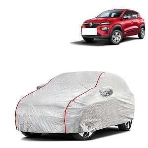 car bady cover waterproof compatible with renault kwid triple stitched fully elastic ultra mirror pocket  heavy buckle  silver amp red piping silver amp red