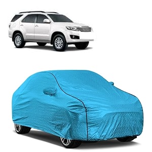 car bady cover waterproof compatible with toyota old fortuner triple stitched fully elastic ultra mirror pocket  heavy buckle  mtl blue amp black piping blue amp black