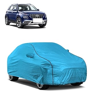 car bady cover waterproof compatible with hyundai venue triple stitched fully elastic ultra mirror pocket  heavy buckle  mtl blue amp black piping blue amp black