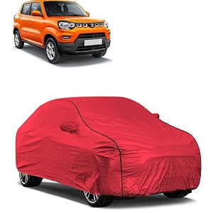car bady cover waterproof compatible with maruti s-presso triple stitched fully elastic ultra mirror pocket  heavy buckle  mth red amp black piping red amp black