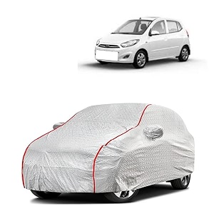 car bady cover waterproof compatible with hyundai i10 triple stitched fully elastic ultra mirror pocket  heavy buckle  silver amp red piping silver amp red