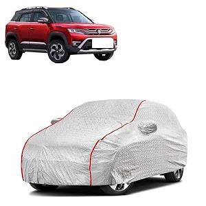 car bady cover waterproof compatible with maruti vitara brezza triple stitched fully elastic ultra mirror pocket  heavy buckle  silver amp red piping silver amp red