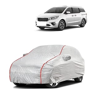 car bady cover waterproof compatible with kia seltos triple stitched fully elastic ultra mirror pocket  heavy buckle  silver amp red piping silver amp red