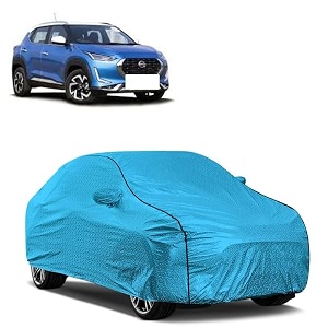 car bady cover waterproof compatible with nissan magnite triple stitched fully elastic ultra mirror pocket  heavy buckle  mtl blue amp black piping blue amp black