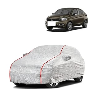 car bady cover waterproof compatible with tata tigor ev triple stitched fully elastic ultra mirror pocket  heavy buckle  silver amp red piping silver amp red