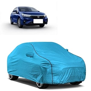 car bady cover waterproof compatible with honda city zx triple stitched fully elastic ultra mirror pocket  heavy buckle  mtl blue amp black piping blue amp black