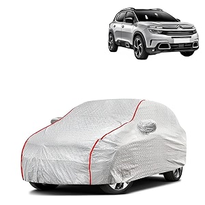 car bady cover waterproof compatible with citroen c5 aircross triple stitched fully elastic ultra mirror pocket  heavy buckle  silver amp red piping silver amp red