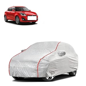 car bady cover waterproof compatible with maruti swift zxi triple stitched fully elastic ultra mirror pocket  heavy buckle  silver amp red piping silver amp red