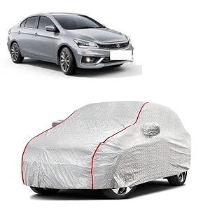 car bady cover waterproof compatible with maruti ciaz triple stitched fully elastic ultra mirror pocket  heavy buckle  silver amp red piping silver amp red