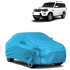 car bady cover waterproof compatible with mahindra scorpio classic triple stitched fully elastic ultra mirror pocket  heavy buckle  mtl blue amp black piping blue amp black