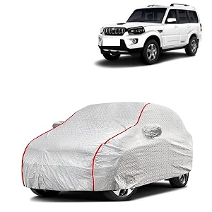 car bady cover waterproof compatible with mahindra scorpio classic triple stitched fully elastic ultra mirror pocket  heavy buckle  silver amp red piping silver amp red