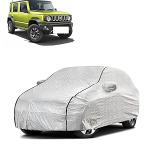 car bady cover waterproof compatible with maruti jimny triple stitched fully elastic ultra mirror pocket  heavy buckle  silver amp black piping silver amp black