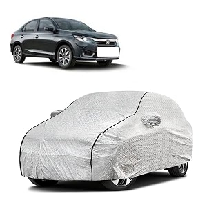 car bady cover waterproof compatible with honda new amaze triple stitched fully elastic ultra mirror pocket  heavy buckle  silver amp black piping silver amp black