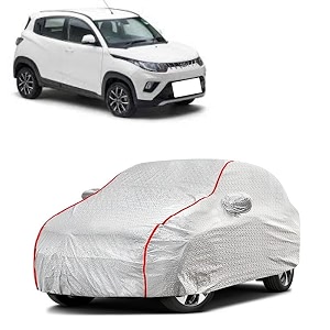 car bady cover waterproof compatible with mahindra kuv100 nxt triple stitched fully elastic ultra mirror pocket  heavy buckle  silver amp red piping silver amp red