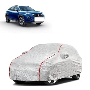 car bady cover waterproof compatible with maruti fronx triple stitched fully elastic ultra mirror pocket  heavy buckle  silver amp red piping silver amp red