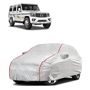 car bady cover waterproof compatible with mahindra bolero neo triple stitched fully elastic ultra mirror pocket  heavy buckle  silver amp red piping silver amp red